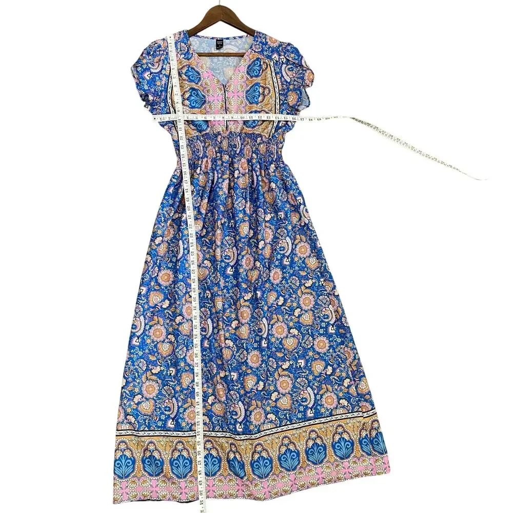 Emery Rose Floral Paisley Maxi Dress Boho Tulip Sleeve Blue Pink - Picture 7 of 11